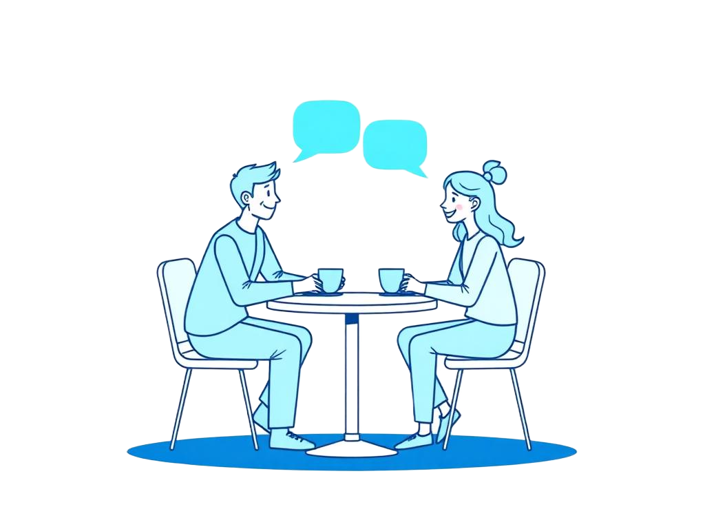 Ilustrācija: divi cilvēki sarunājas pie galda pirmajā tikšanās reizē