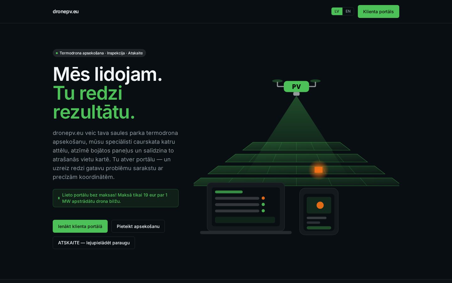 dronepv.eu mājaslapas sākumskats